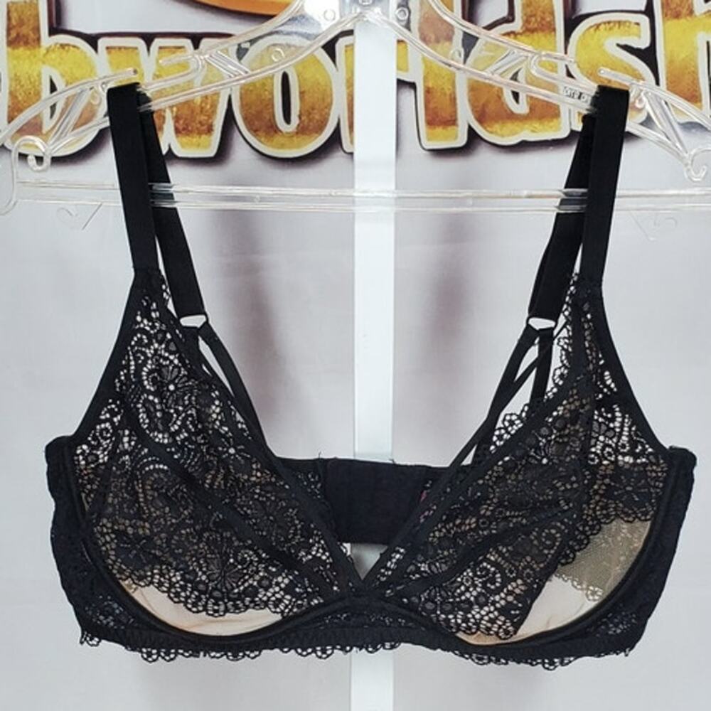 Adore Me Black Lace Sheer Peekaboo Underwire Bra 36DDD
